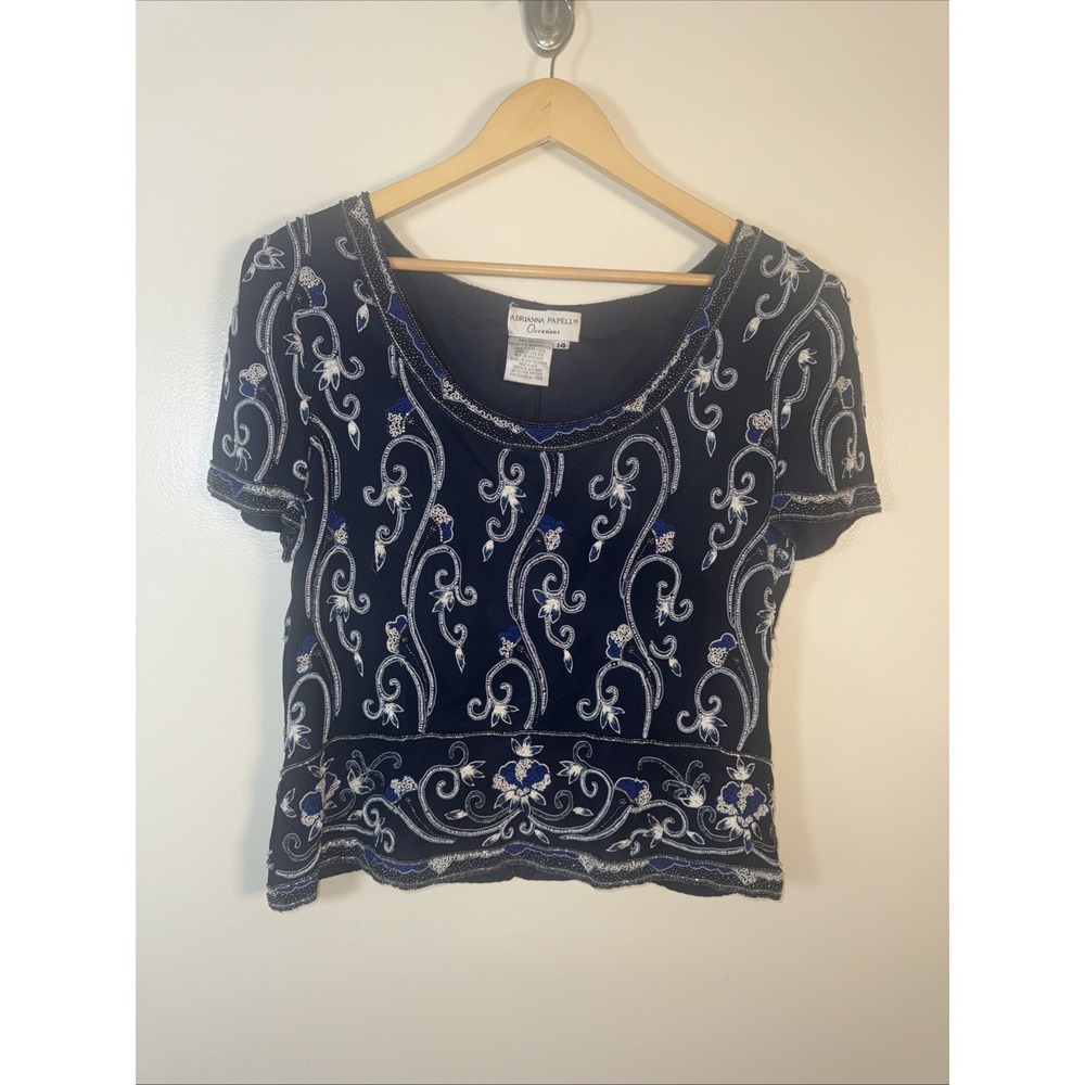Vintage Adriana Papell Occasions Silk Beaded Blouse Women's 14 Navy Embroidered